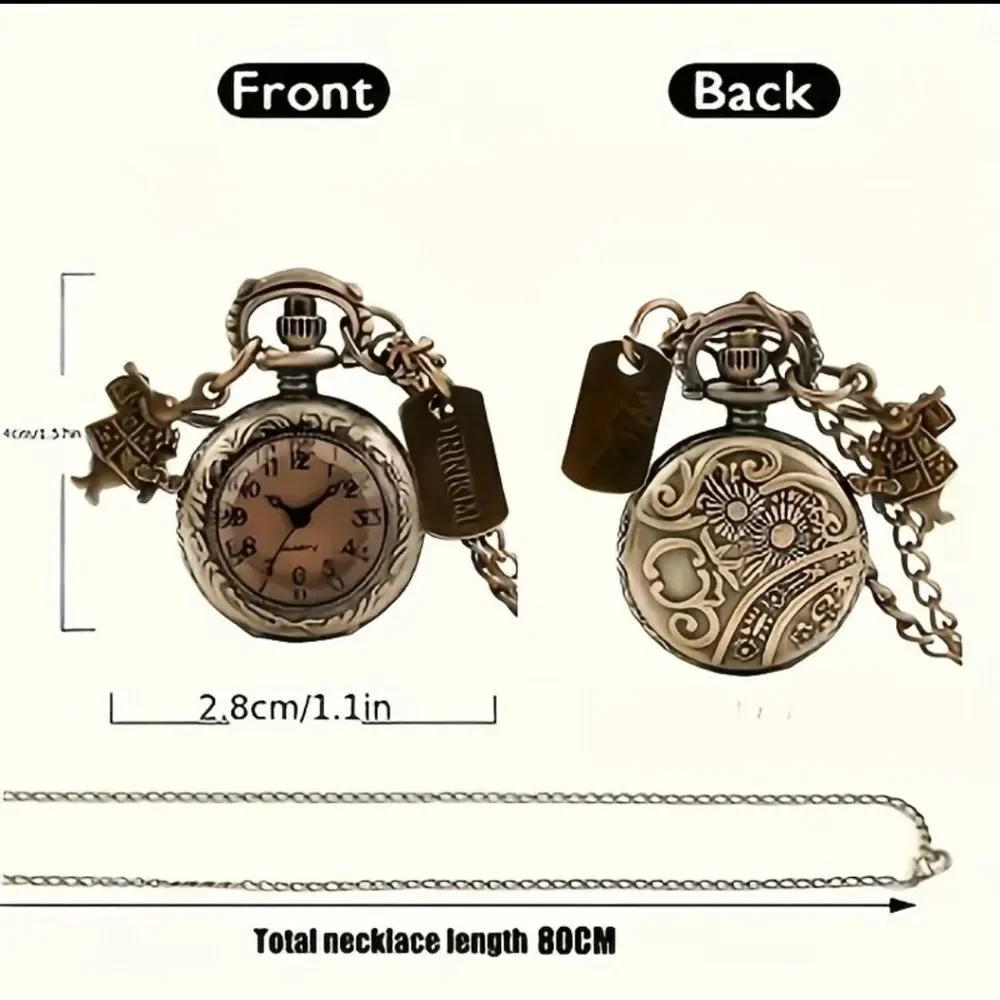 Alice In Wonderland Engraved Antique Bronze Quartz Pocket Watch Necklace Rabbit